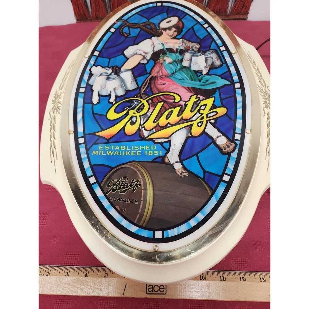 VTG 1960s Blatz Beer Sign Lighted Valerie The Barmaid Faux Stained Glass Working